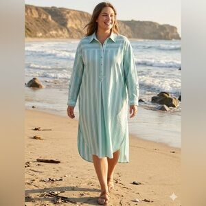 NWT Anthropologie Striped Midi Popover Shirt Dress Green L/XL Petite